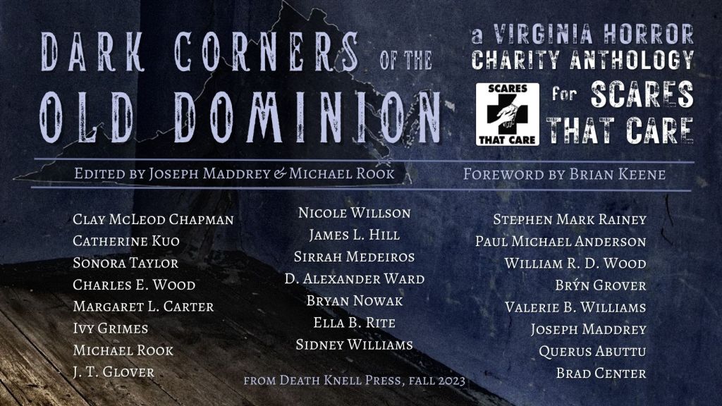 Title and author information for a forthcoming charity anthology entitled Dark Corners of the Old Dominion