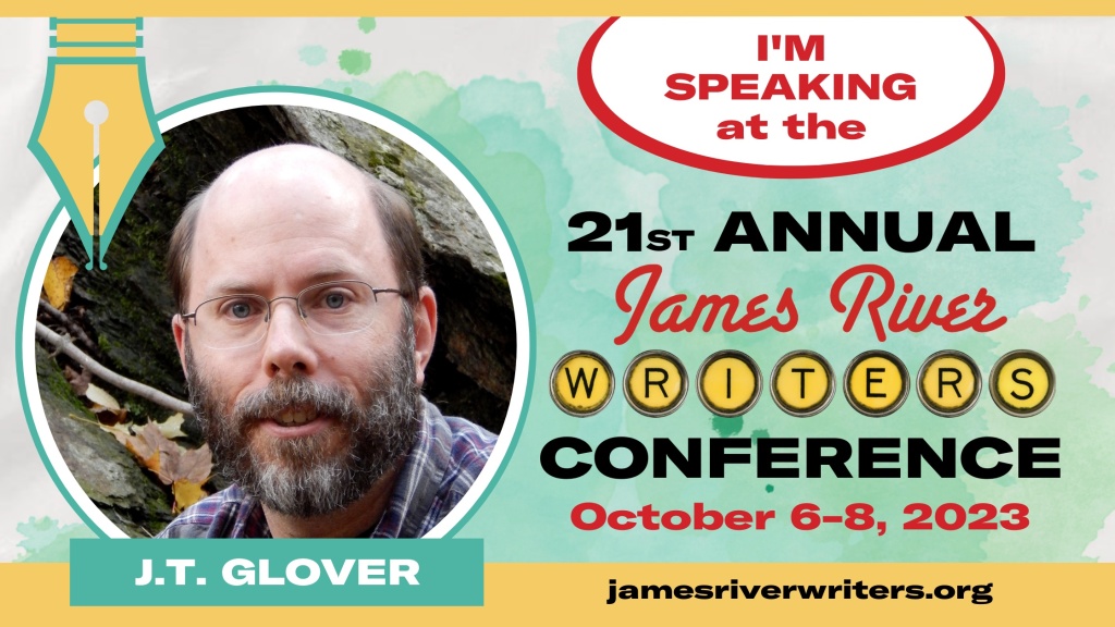 Promotional photo of the author, with information about the 21st Annual James River Writers conference.